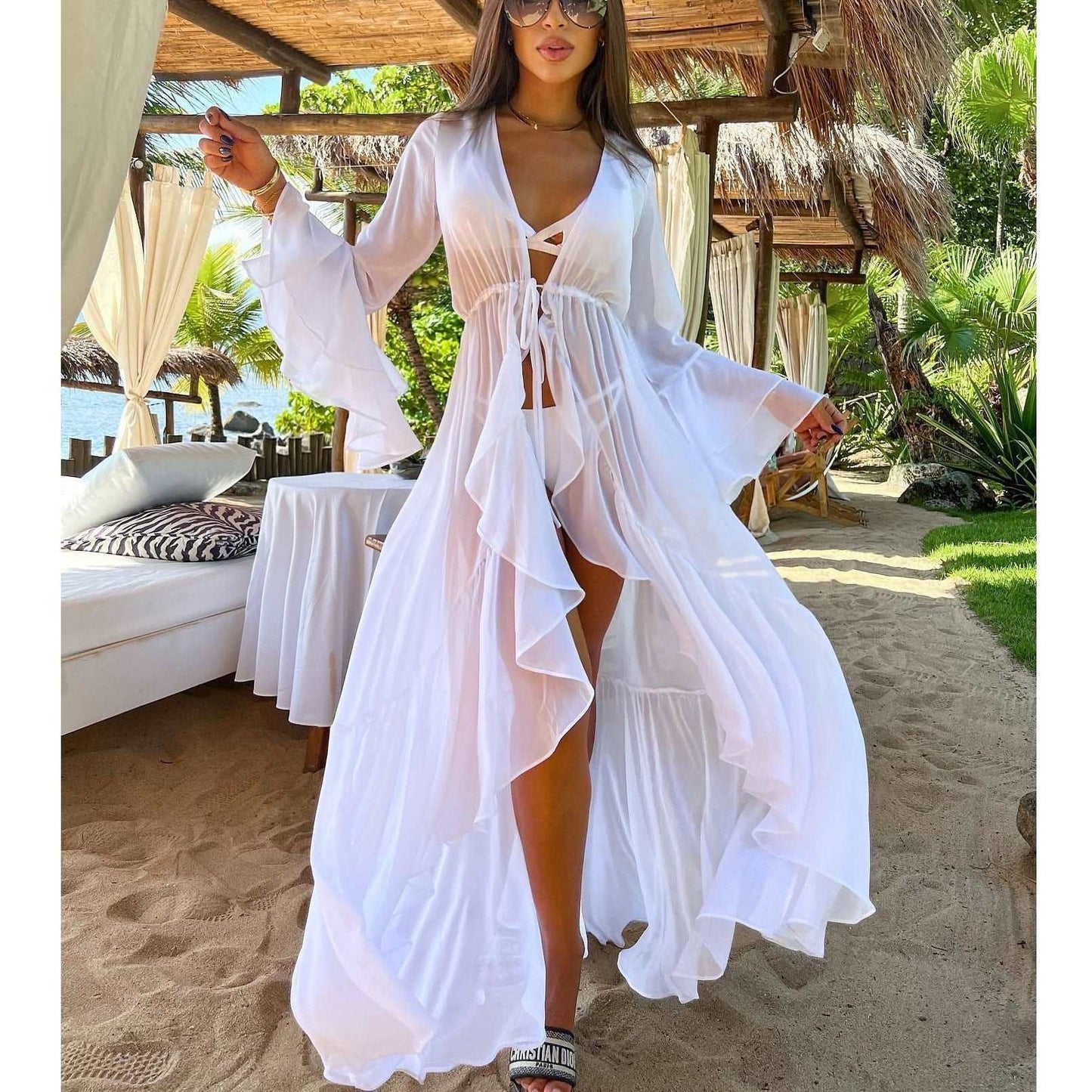 2023 Women Swimsuit Cover Up Sleeve Beach Tunic Dress Robe De Plage Solid White Cotton Pareo High Collar Beachwear TZ21133W90 One Size