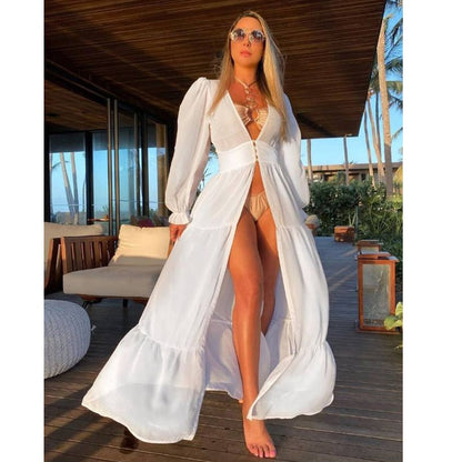 2023 Women Swimsuit Cover Up Sleeve Beach Tunic Dress Robe De Plage Solid White Cotton Pareo High Collar Beachwear TZ21133W7 One Size
