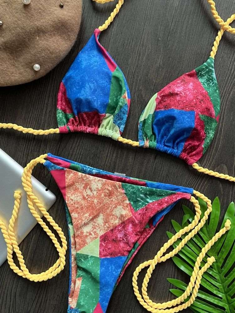 2023 Women Triangle Wrapped Leopard Swimsuit 2-piece Lace-up Bikini Set Ladies Sexy Halter Swimwear Pushup Brazilian Biquini