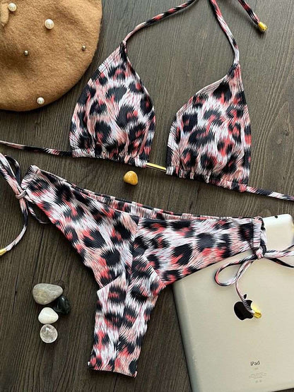 2023 Women Triangle Wrapped Leopard Swimsuit 2-piece Lace-up Bikini Set Ladies Sexy Halter Swimwear Pushup Brazilian Biquini