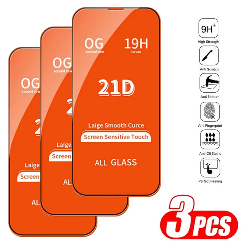 21D Tempered Glass for iPhone 13 11 14 Pro Max 12 Mini 8 7 Plus Screen Protector for IPhone 13 PRO XS MAX X XR Full Cover Glass For iPhone 14Pro Max 3 Pieces White