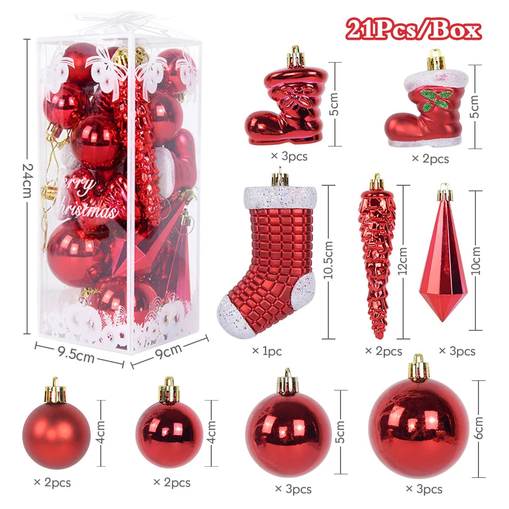 21Pcs/box Christmas Ball Ornaments Xmas Tree Hanging Ice Pendants Christmas Decorations For Home Navidad New Year Gift Noel Red Other