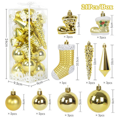 21Pcs/box Christmas Ball Ornaments Xmas Tree Hanging Ice Pendants Christmas Decorations For Home Navidad New Year Gift Noel Gold Other