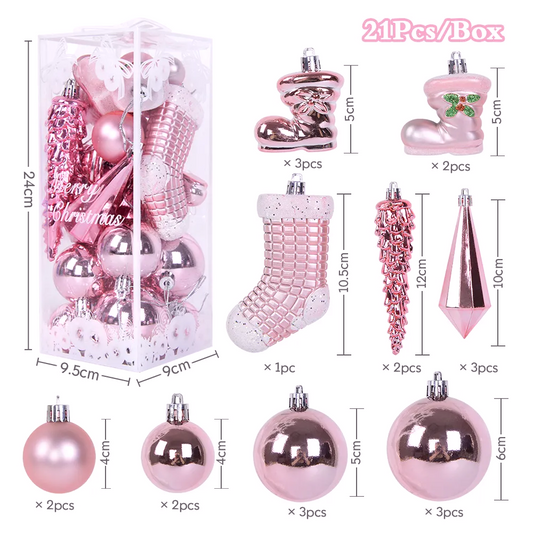 21Pcs/box Christmas Ball Ornaments Xmas Tree Hanging Ice Pendants Christmas Decorations For Home Navidad New Year Gift Noel Pink Other