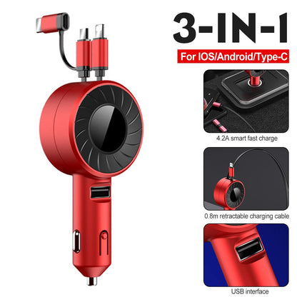 3-IN-1 Car Charger Mobile Phone Adapter For IOS/Android/Type-C USB Retractable Charging Cable 4.2A Fast Charing For Truck Red