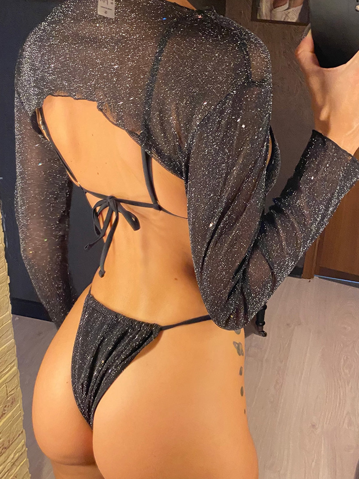 3 PCS Micro Erotic Swimsuit 2023 New Black Glitter Separate Swimwear And Crop Top Long Sleeve Harajuku Full Fantasy Bikini