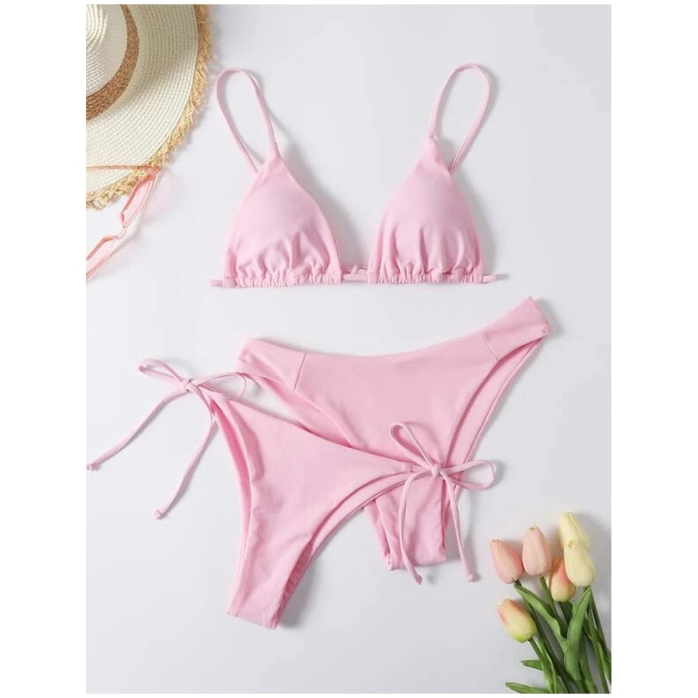 3 Pack Two Bottoms Push Up Bikini Sets Swimsuit For Women Sexy Low And Mid Waist Three Pieces Swimwear 2023 Bathing Suit Pink