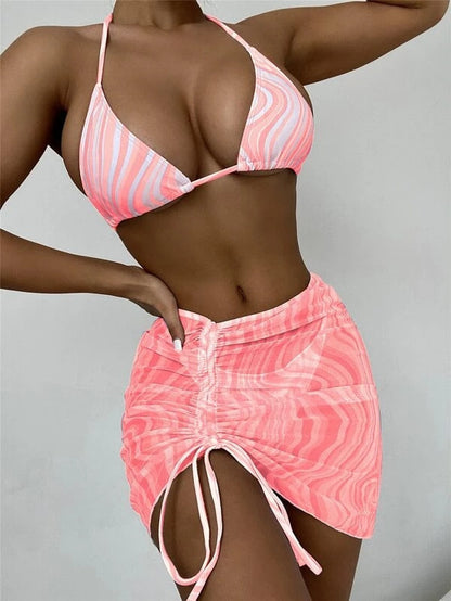 3 Pieces Bikini Set With Skirt Tie Dye String Thong Bathing Suit Women Swimsuit Female Swimwear Beach Wear Swim Lady Summer Pink