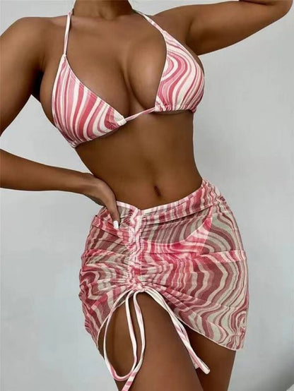 3 Pieces Bikini Set With Skirt Tie Dye String Thong Bathing Suit Women Swimsuit Female Swimwear Beach Wear Swim Lady Summer