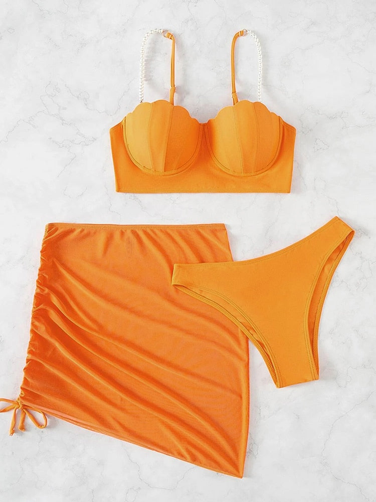 3 Pieces Bikinis Set Women Swimsuit 2023 Summer Solid Swimwear Push Up Bikini Beachwear Faux Pearl Shell Cup Bathing Suit Swimwear Orange