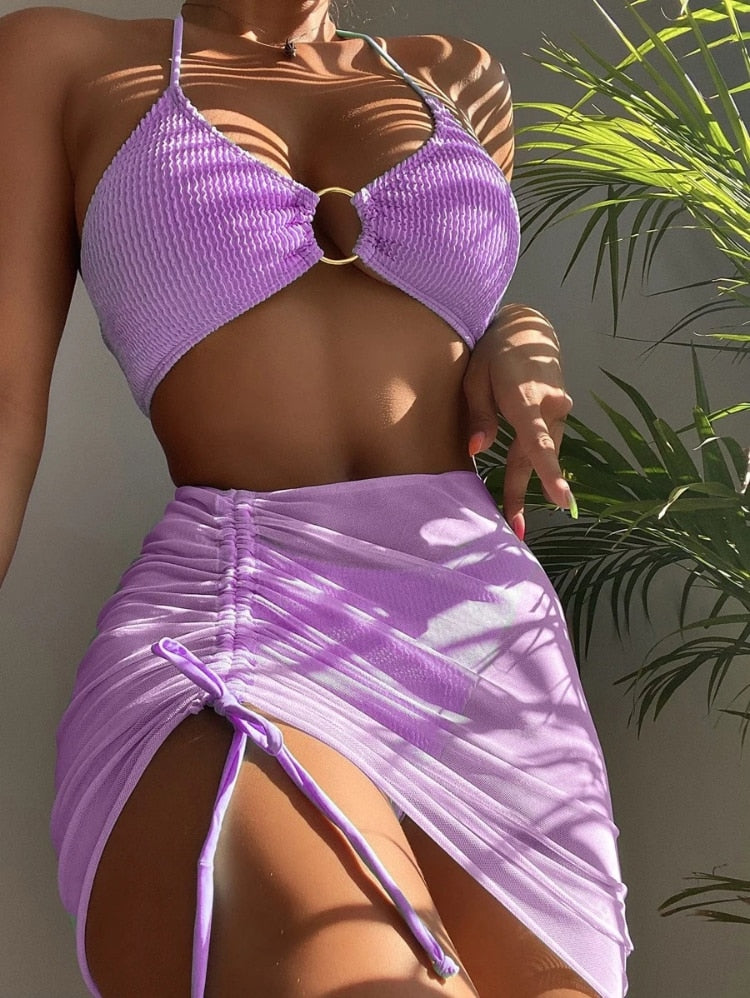 3 Pieces Mesh Mini Ruffle Skirts Women Cover Up Dress Beach Wrap Short Sarongs Bikini Bathing Skirt Women Swimsuit Beachwear Purple