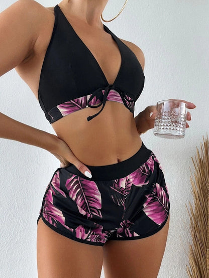 3 pieces Summer Print Swimsuits Bikini Sets Female Swimwear 2023 Sports Beach Wear Bathing Suit Girls Pool Women Swimming Suit Rose Red