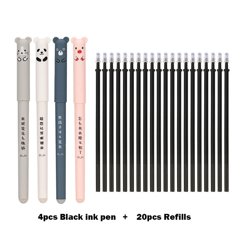 4+20 Pcs/Set Kawaii Pig Bear Cat Erasable Gel Pen Refills Rods 0.35mm Blue Black Ink Washable Handle School Office Supplies Gift