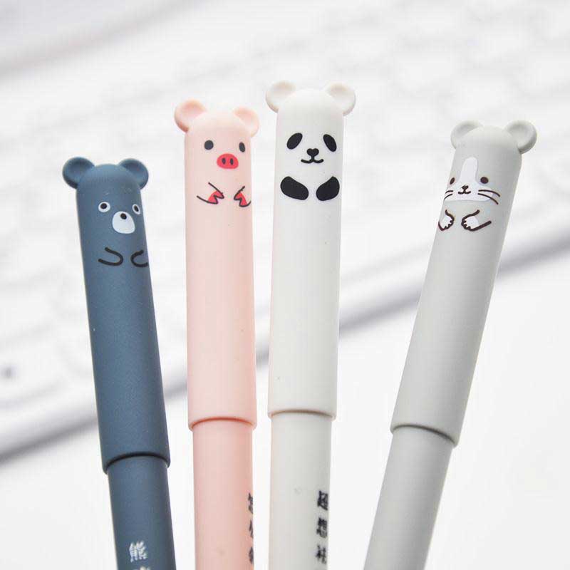 4+20 Pcs/Set Kawaii Pig Bear Cat Erasable Gel Pen Refills Rods 0.35mm Blue Black Ink Washable Handle School Office Supplies Gift