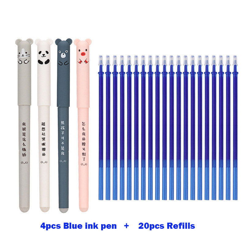 4+20 Pcs/Set Kawaii Pig Bear Cat Erasable Gel Pen Refills Rods 0.35mm Blue Black Ink Washable Handle School Office Supplies Gift