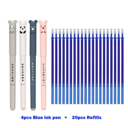 4+20 Pcs/Set Kawaii Pig Bear Cat Erasable Gel Pen Refills Rods 0.35mm Blue Black Ink Washable Handle School Office Supplies Gift