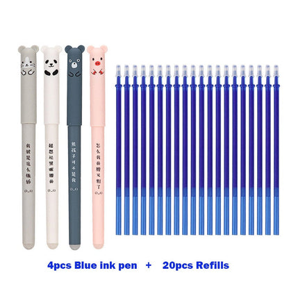 4+20 Pcs/Set Kawaii Pig Bear Cat Erasable Gel Pen Refills Rods 0.35mm Blue Black Ink Washable Handle School Office Supplies Gift Blue Ink Set