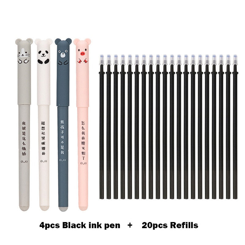 4+20 Pcs/Set Kawaii Pig Bear Cat Erasable Gel Pen Refills Rods 0.35mm Blue Black Ink Washable Handle School Office Supplies Gift Black Ink Set