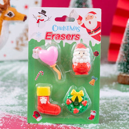 4 Pcs/Set Mini Kawaii Eraser Cartoon Santa Christmas Tree School Office Supplies Rubber Erasers Gift for Kids A