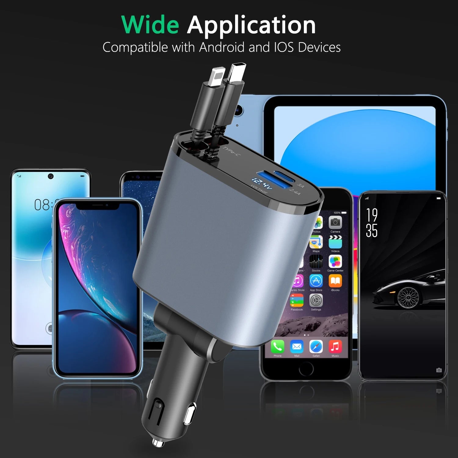 4 in 1 100W Car Charger Retractable USB/Type-C Cable For IPhone Xiaomi Huawei Samsung Fast Charge Cord Cigarette Lighter Adapter Retractable