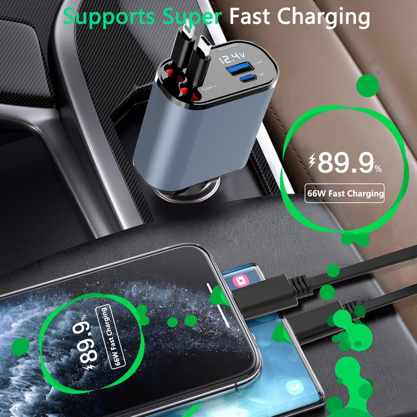 4 in 1 100W Car Charger Retractable USB/Type-C Cable For IPhone Xiaomi Huawei Samsung Fast Charge Cord Cigarette Lighter Adapter Retractable
