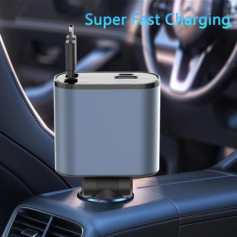 4 in 1 100W Car Charger Retractable USB/Type-C Cable For IPhone Xiaomi Huawei Samsung Fast Charge Cord Cigarette Lighter Adapter Retractable