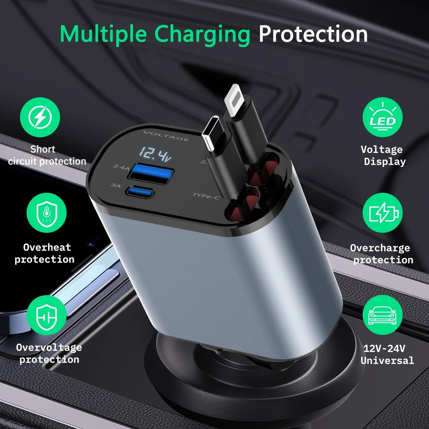 4 in 1 100W Car Charger Retractable USB/Type-C Cable For IPhone Xiaomi Huawei Samsung Fast Charge Cord Cigarette Lighter Adapter Retractable