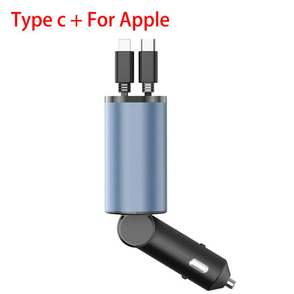 4 in 1 100W Car Charger Retractable USB/Type-C Cable For IPhone Xiaomi Huawei Samsung Fast Charge Cord Cigarette Lighter Adapter Retractable TYPE C And For Apple
