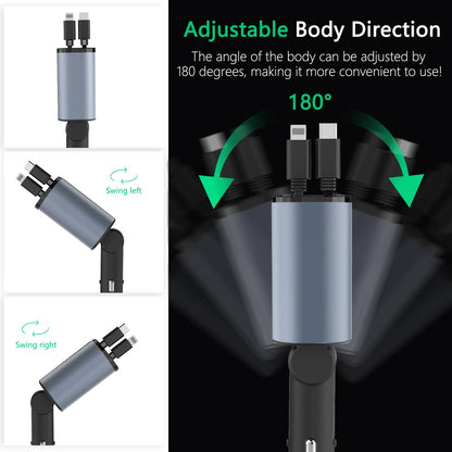 4 in 1 100W Car Charger Retractable USB/Type-C Cable For IPhone Xiaomi Huawei Samsung Fast Charge Cord Cigarette Lighter Adapter Retractable