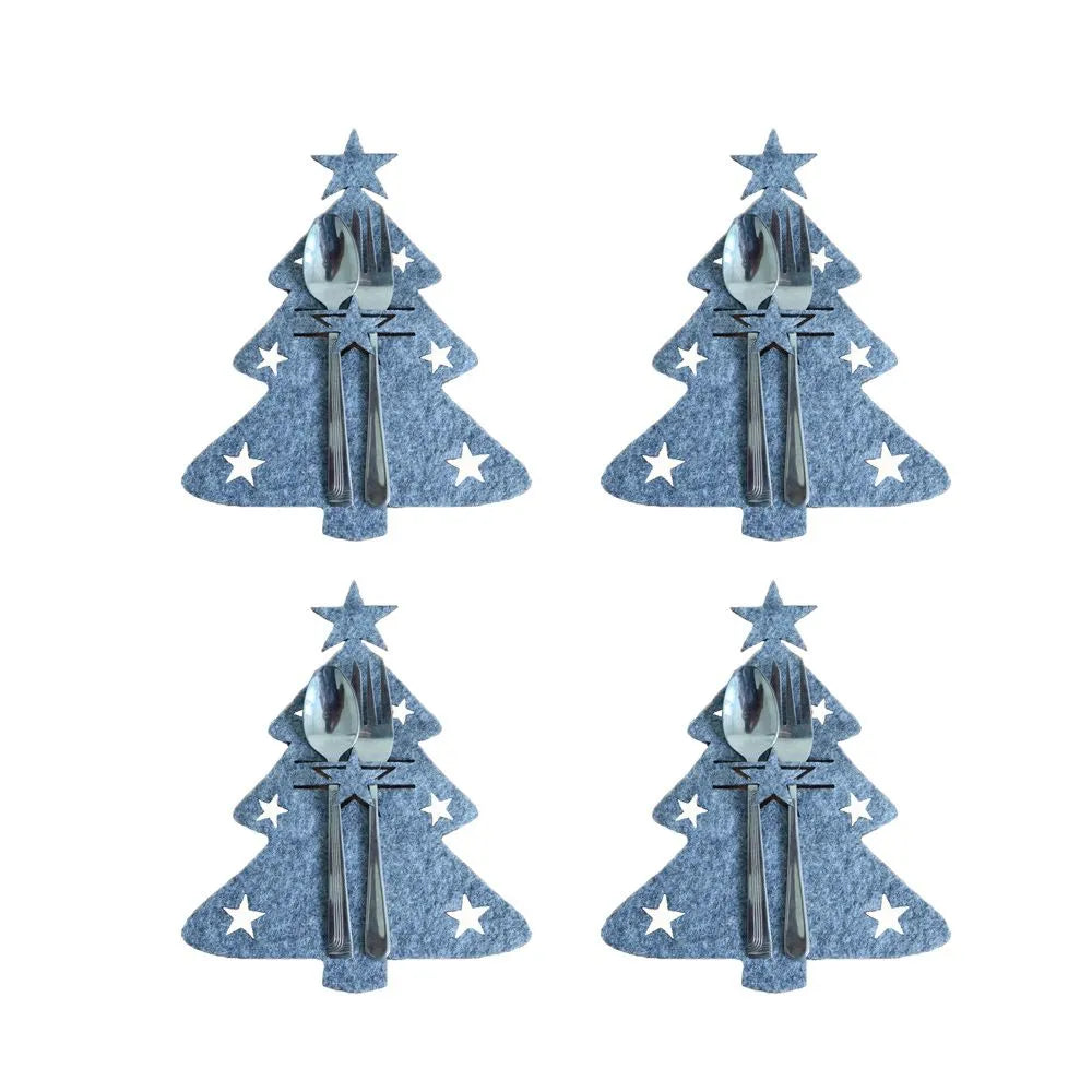 4pcs Christmas Tree Knife Fork Cutlery Holder Xmas Cutlery Bag Pocket Tableware Organizer Christmas Decoration For Home Table grey christmas tree