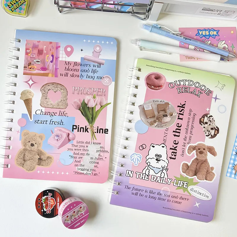 50sheet Ins Notebook Creative Cute Cartoon Bear Kitten Horizontal Line Korean Style Coil A5 Scrapbook Journal Student Supplies