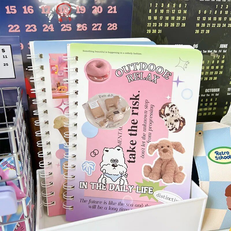 50sheet Ins Notebook Creative Cute Cartoon Bear Kitten Horizontal Line Korean Style Coil A5 Scrapbook Journal Student Supplies No.11
