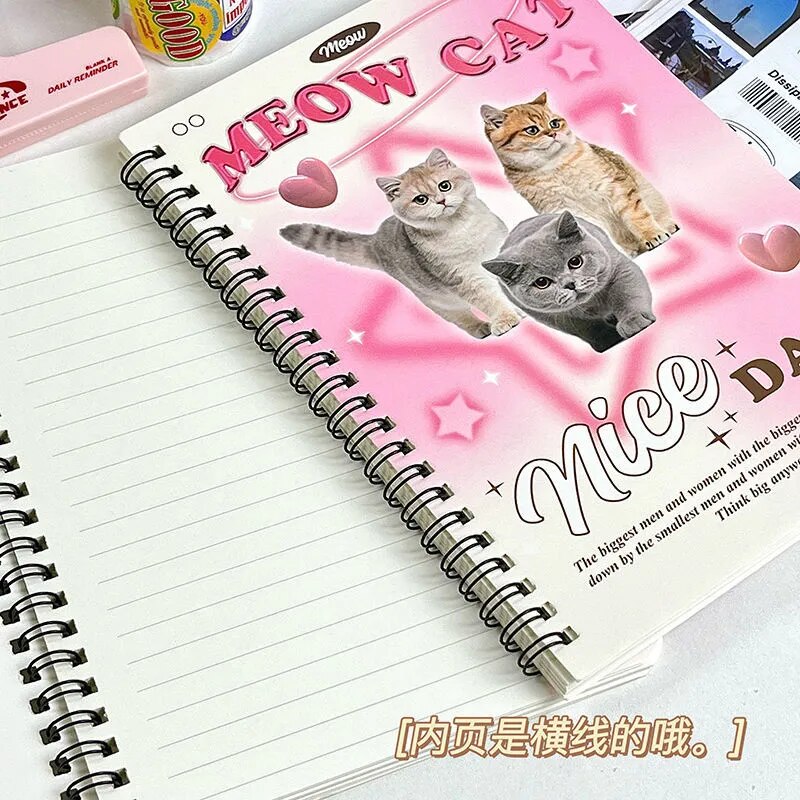 50sheet Ins Notebook Creative Cute Cartoon Bear Kitten Horizontal Line Korean Style Coil A5 Scrapbook Journal Student Supplies Pink
