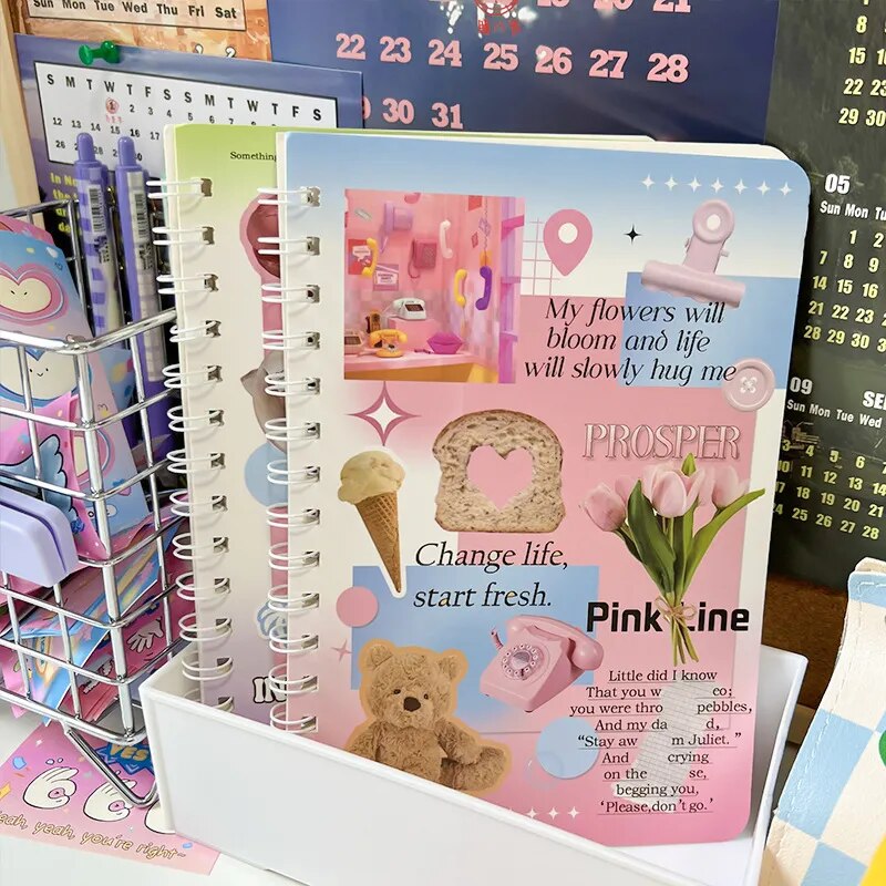 50sheet Ins Notebook Creative Cute Cartoon Bear Kitten Horizontal Line Korean Style Coil A5 Scrapbook Journal Student Supplies No.12