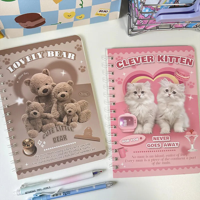 50sheet Ins Notebook Creative Cute Cartoon Bear Kitten Horizontal Line Korean Style Coil A5 Scrapbook Journal Student Supplies