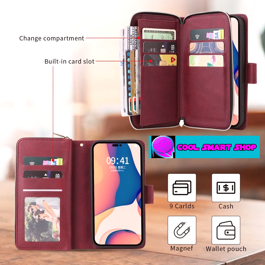 Wallet Luxury 9-Card Leather Case For Samsung Galaxy S23 Ultra S22 Ultra S21 Plus S20 FE S10 Lite S9 S8 Note 20 Ultra 10 Lite