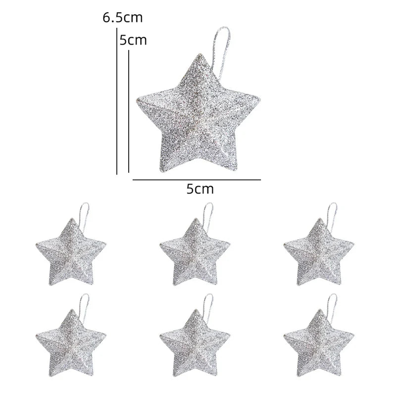 6-24pcs Glitter Star Christmas Tree Hanging Ornaments Pendant Christmas Decoration for Home Navidad New Year Party Supplies silver