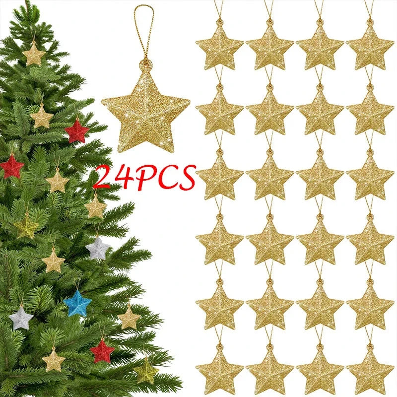 6-24pcs Glitter Star Christmas Tree Hanging Ornaments Pendant Christmas Decoration for Home Navidad New Year Party Supplies