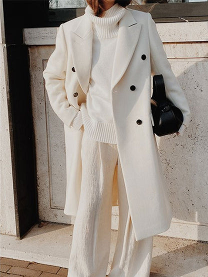 Autumn Winter Thin Section Midi Long Coats Jackets For Women Woolen Double Button Windbreaker Lady Outerwear Overcoat White