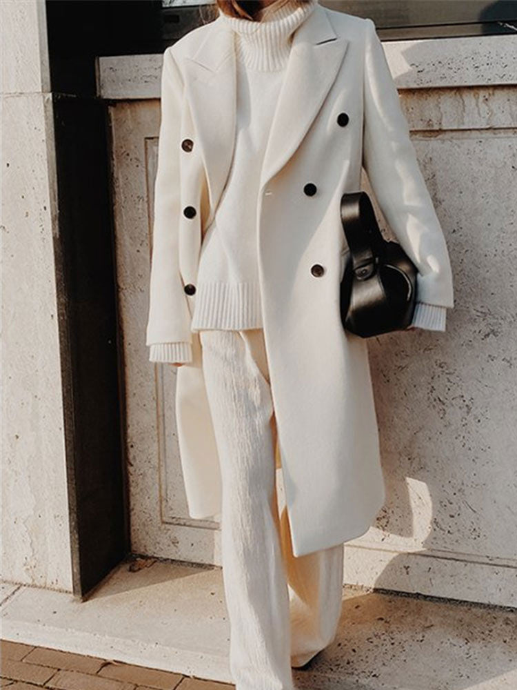Autumn Winter Thin Section Midi Long Coats Jackets For Women Woolen Double Button Windbreaker Lady Outerwear Overcoat