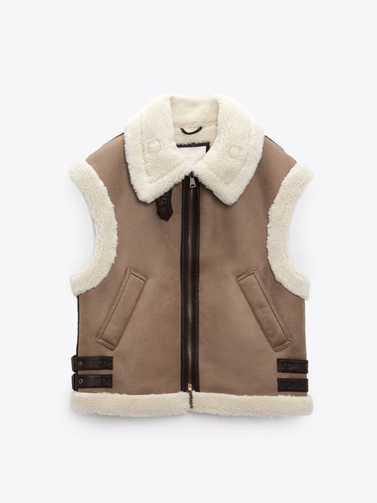 Autumn Winter Women Fur Vest High Street Female Faux Sheepskin Fur Waistcoat Chic Fleece Thick Warm Sleeveless Outwear