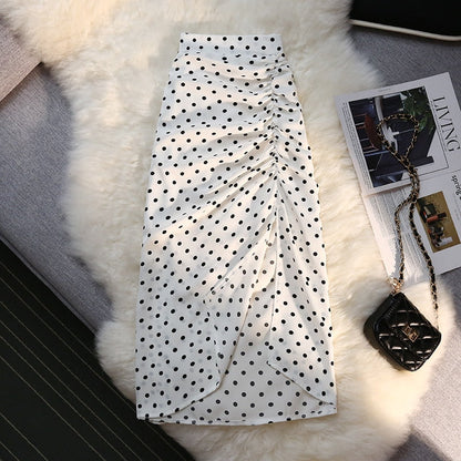 Autumn winter long skirts women elastic high waist drawstring split polka dot skirt ladies fashion Shirring bodycon pencil skirt White