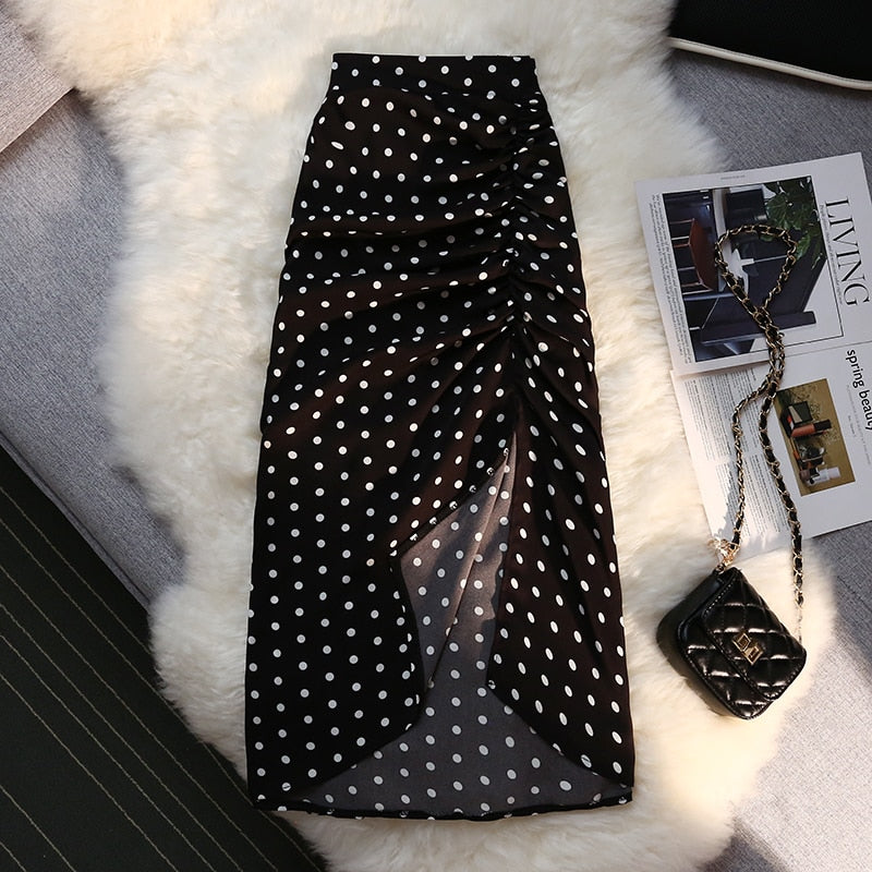 Autumn winter long skirts women elastic high waist drawstring split polka dot skirt ladies fashion Shirring bodycon pencil skirt Black