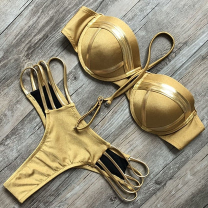 Black Bandage Swimsuit 2023 Sexy Brazilian Bikini Push Up Swimwear Women Micro Bikinis Plus Size Beachwear Shiny Gold Beachwear Khaki