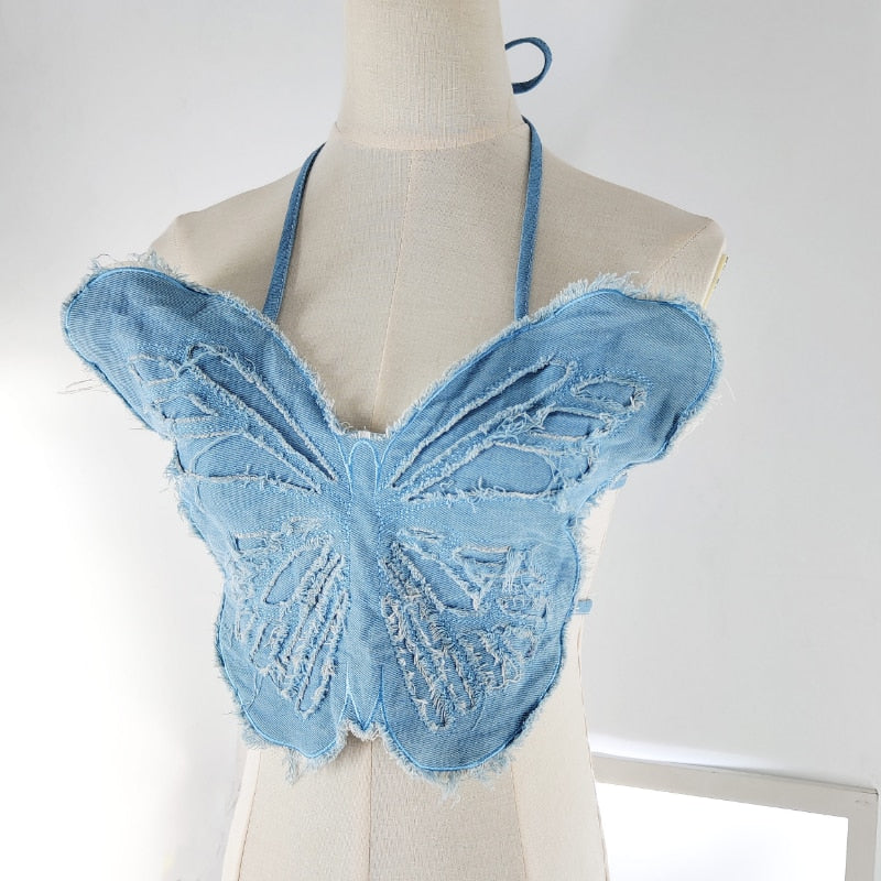 Butterfly Jeans Crop Top Backless Strap Sexy Blue Cute Party Sweats Women Beach Holiday Mini Vest Summer Tee Fashion