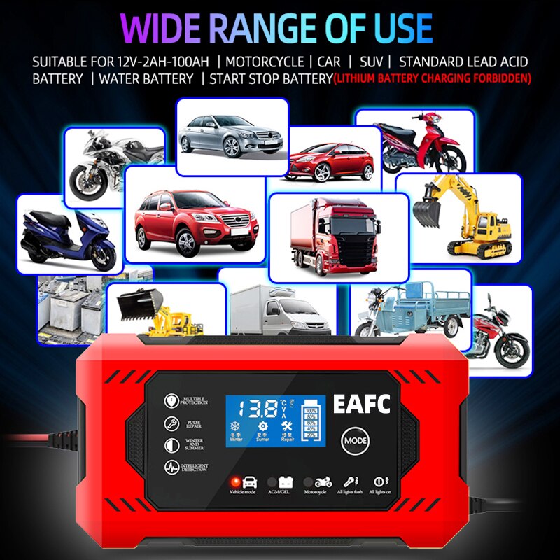 Car Battery Charger 6A 12V Car and Motorcycle Battery Charging Device Lead-acid Battery Smart Repair LCD Display