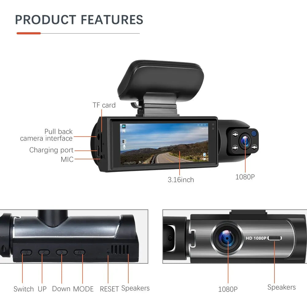 Car DVR Wide-angle 2-record High-definition Night Vision 1080P Driving Recorder Suction Cup 2-lens Car Front and inside Video