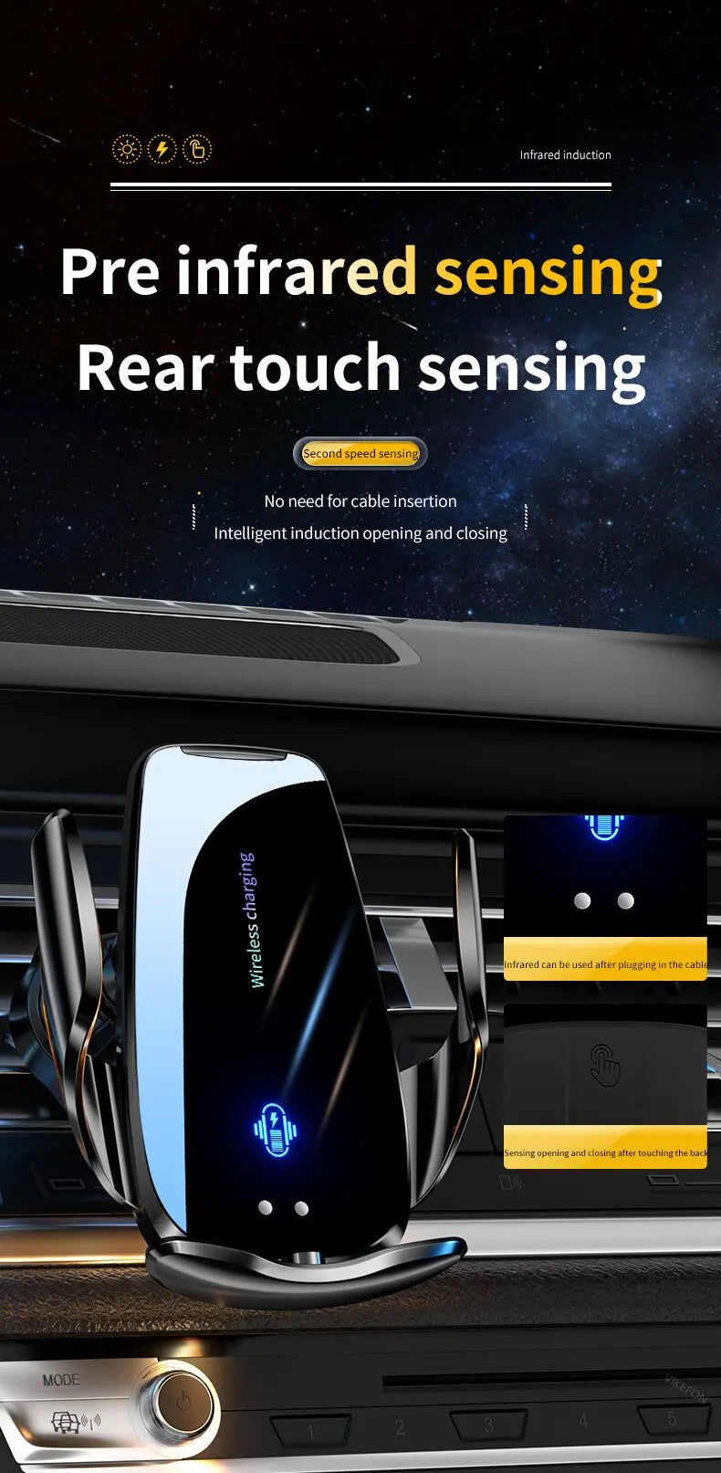 Car Wireless Charger Auto Car Mount Phone Holder Stand For iPhone 14 13 12 X Xiaomi Samsung Infrared Induction 15W Fast Charging