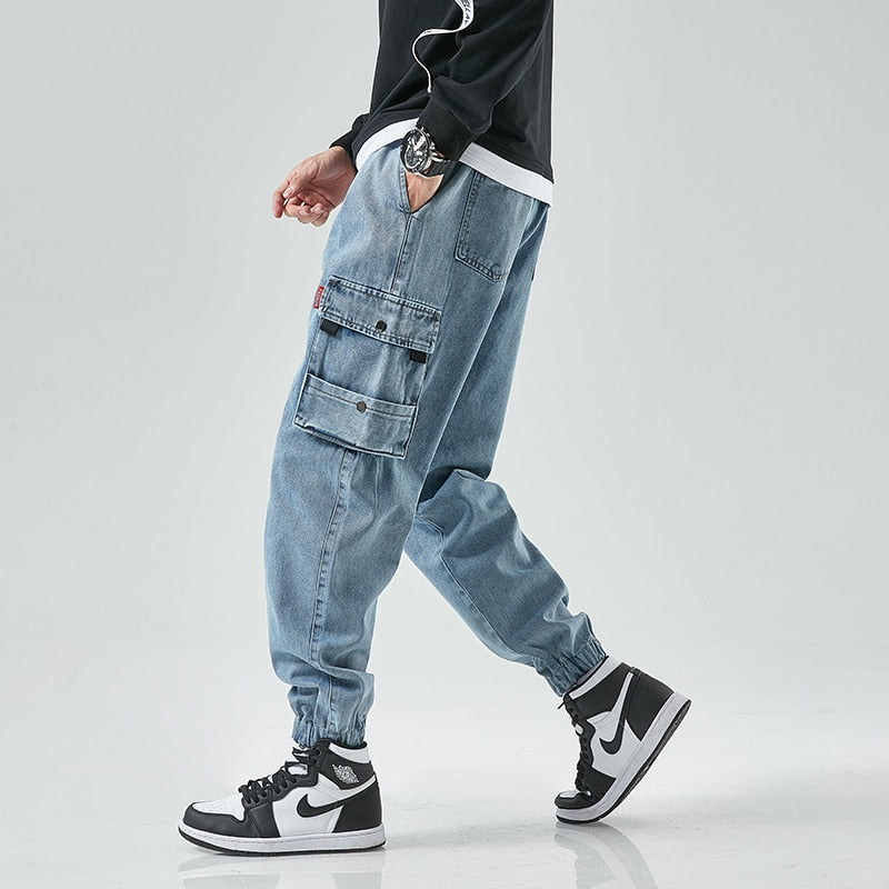 Cargo Jeans Men 2021 New Fashion Casual Harem Jogger Trousers Men Multiple Pocket Denim Jean Pants Men Blue