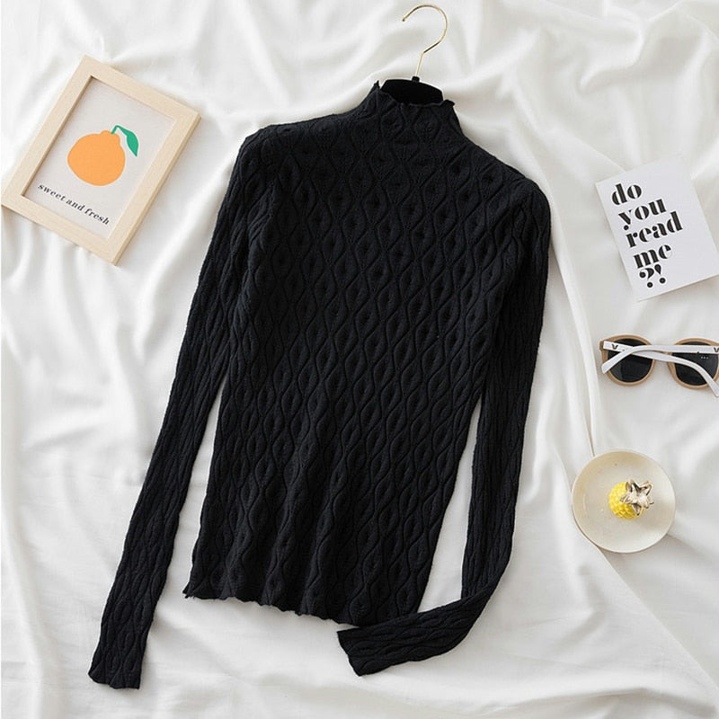 Cashmere Turtleneck Women Sweaters Autumn Winter Warm Pullover Slim Tops Knitted Sweater Jumper Soft Pull Female Black One Size